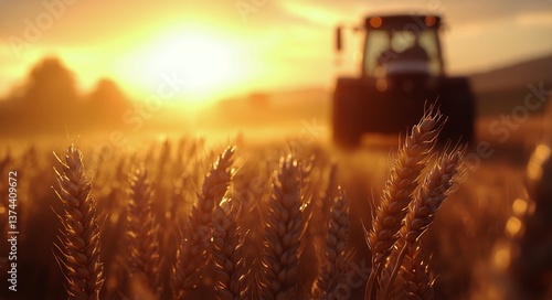 Golden Wheat Fields at Sunset With Tractor Harvesting in Peaceful Rural Lands...