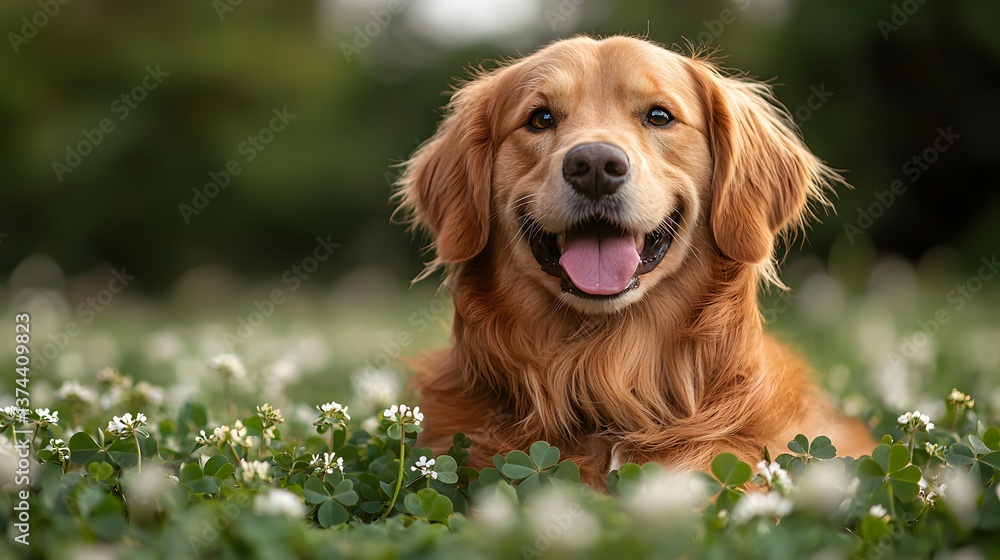 Happy Golden Retriever in Clover Field (4) Happy Golden Retriever in Clover Field (4)