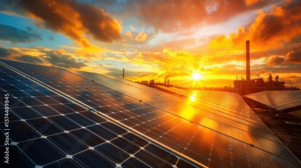 Obraz premium Solar energy revolution urban landscape photography sunset glow elevated view sustainable future