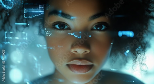 Close-up View of a Womans Face With Digital Data Overlay in a Futuristic Envi...