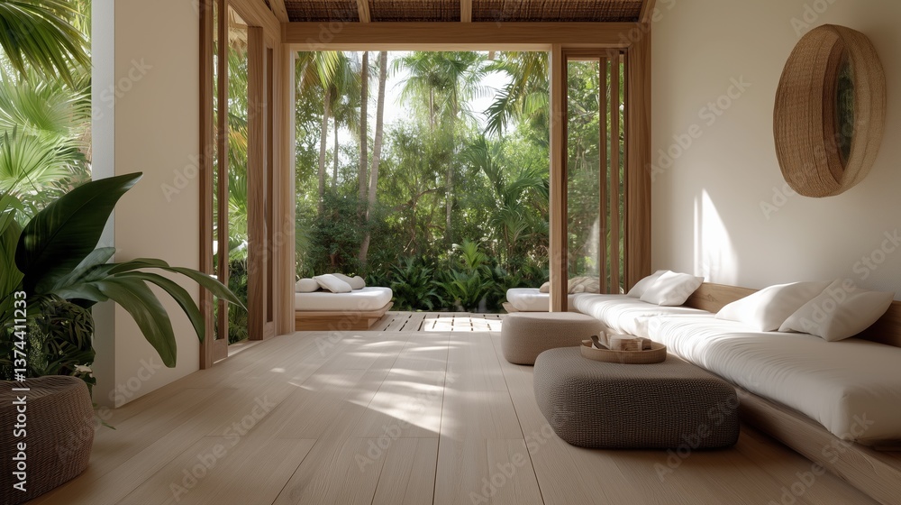 Fototapeta premium An inviting interior space with large windows overlooking a lush garden. It showcases a relaxed seating area and a serene ambiance. 