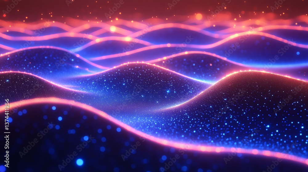 Fototapeta premium Abstract Glowing Wavy Lines With Glittering Particles