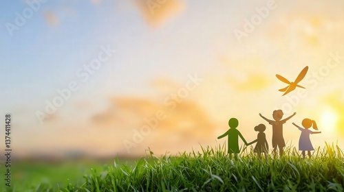 Silhouettes of a happy family standing in grass, enjoying a sunset with a dragonfly above, symbolizing joy and togetherness.