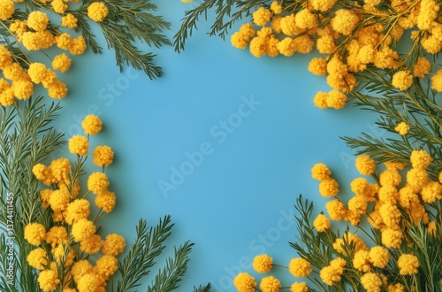 Bright Yellow Mimosa Flowers Arranged Around a Blue Background Creating a Vib...