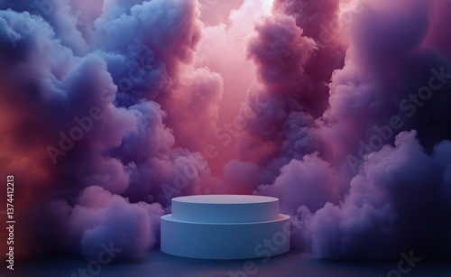 Colorful Smoke Enveloping a Circular Platform in Artistic Light Display