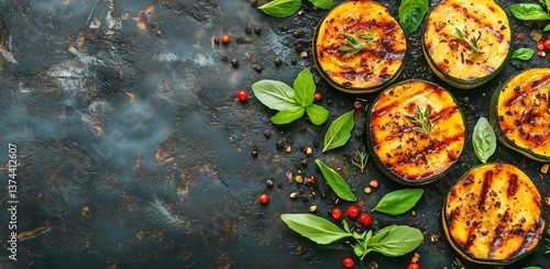 Grilled Zucchini Slices Garnished With Fresh Basil and Spices on a Dark Rusti...
