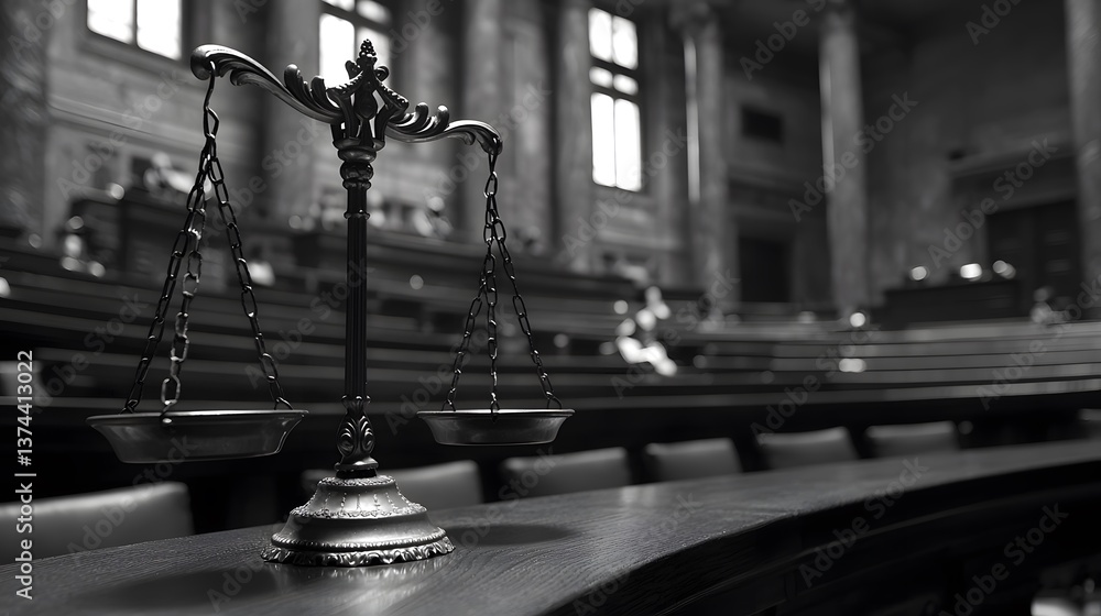 Scales of justice in courtroom, debate in background, symbolizing law, legislation, government process Scales of justice in courtroom, debate in background, symbolizing law, legislation, government process
