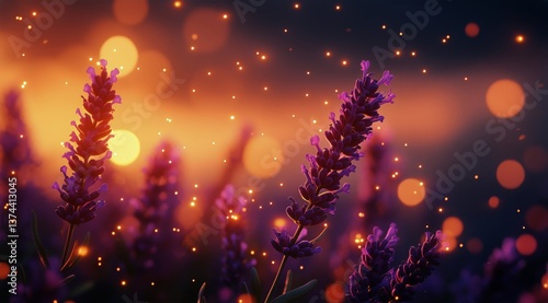 Bright Lavender Flowers Bloom Under Glowing Sunset Light in a Serene Garden S...