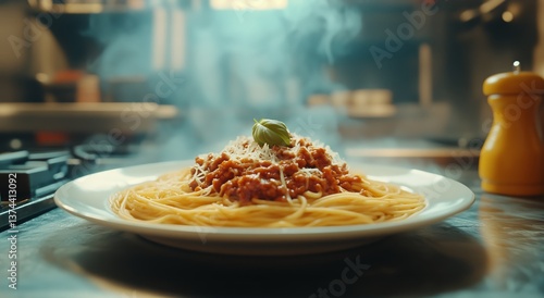 Delicious Spaghetti With Rich Tomato Sauce and Fresh Basil in a Cozy Kitchen