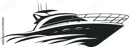 Luxury yacht sailing at high speed, stylized black and white design. Vector illustration