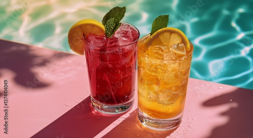 Refreshing Drinks With Ice and Citrus Near a Pool on a Sunny Day
