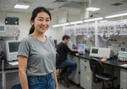 Scientist in laboratory smiling. She's a woman wearing casual clothes with science equipment nearby.