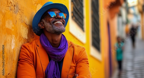 Man Smiles Joyfully in Colorful Street With Vibrant Walls and Stylish Attire ...