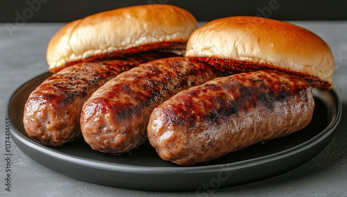 Grilled Sausages Served on Buns Ready for a Summer Barbecue in a Cozy Outdoor...