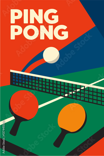 Flat vector illustration of a dynamic ping pong poster. Bold geometric shapes, sharp lines, and bright solid colors. Features paddles, a flying ball, and a table with a net.Modern and energetic design
