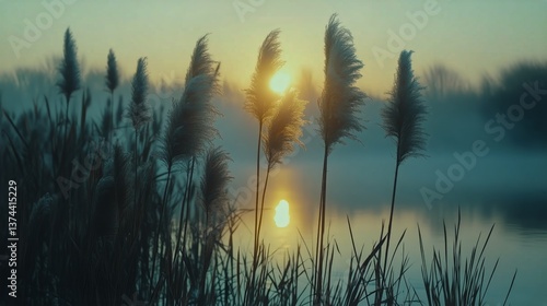 Morning Sunlight Breaks Through Mist Over Tranquil River Surrounded by Tall G...