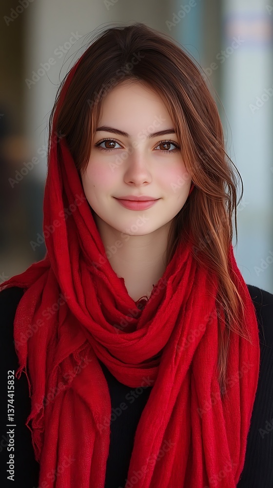 Smiling woman with red scarf, and portrait. Smiling woman with red scarf, and portrait.