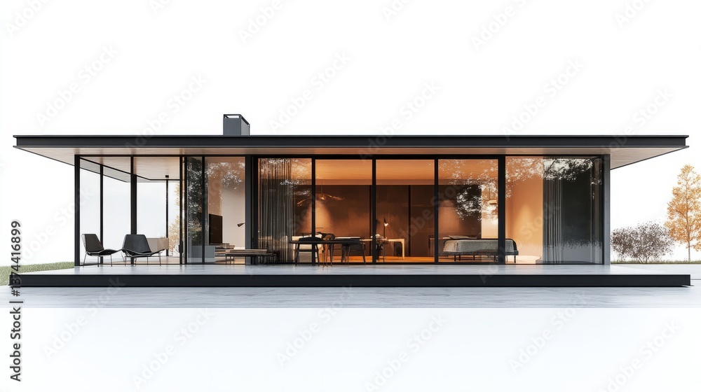 Modern 3D rendered house with a flat roof and smooth, minimalist design, featuring open spaces and large glass panels, on a white background Modern 3D rendered house with a flat roof and smooth, minimalist design, featuring open spaces and large glass panels, on a white background
