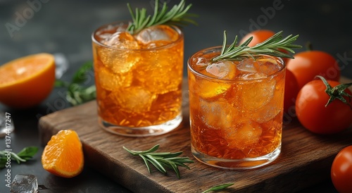 Refreshing Citrus Cocktails Served With Rosemary on a Wooden Board in a Vibra...
