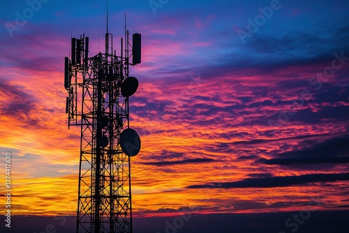 Telecommunication tower standing tall against a vibrant blue sky dotted with white clouds, symbolizing connectivity and communication in the modern world