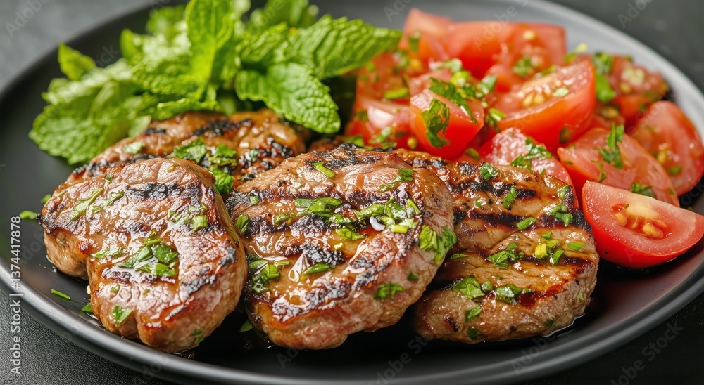 Grilled Meat Served With Fresh Salad and Herbs on a Black Plate Grilled Meat Served With Fresh Salad and Herbs on a Black Plate