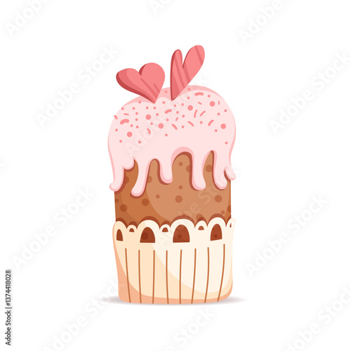 Easter cake with glazed and sugar hearts. Traditional religious sweet pastries. Homemade sweet bakery, Festive illustration for invitation, postcard, Social media. Vector flat illustration.