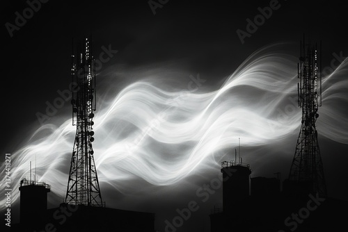 Telecommunication tower emitting radio waves, creating a captivating visual representation of signal propagation and modern communication technology