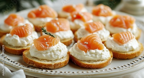 Fresh Salmon on Crusty Bread With Cream Cheese and Herbs Ready for Lunch or B...