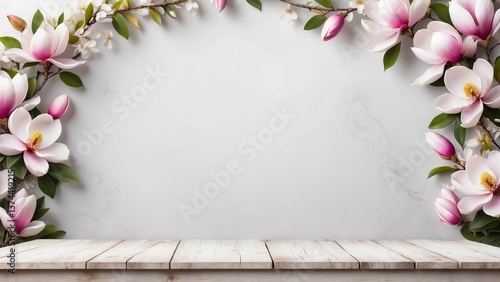 Pink magnolia flowers arch top border with rustic white wash wood board mockup surface and simple wall copy space background