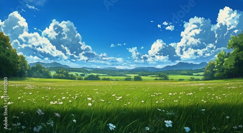 Vast Green Meadow Under Bright Blue Sky With Fluffy Clouds in a Serene Landscape