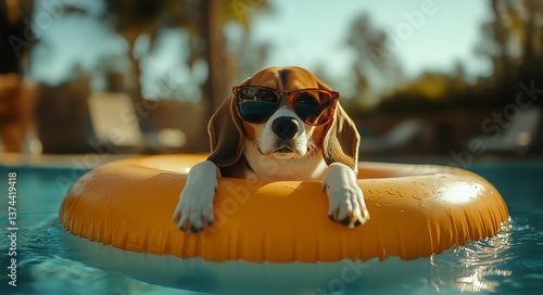 Beagle Enjoying Summer Pool Time While Floating on an Inflatable Ring With Su...