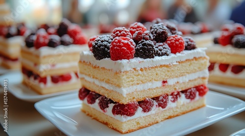 Delicious Berry Cake Slices Displayed on White Plates at a Dessert Gathering ...