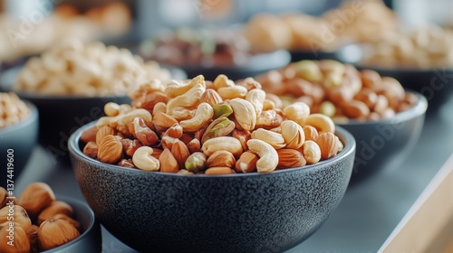 Nutrient-rich Selection of Nuts Displayed in Attractive Bowls on a Marble Cou...