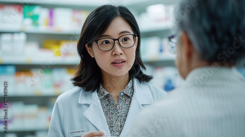 Community pharmacist explaining prescription guidelines in a pharmacy setting with patients engagement