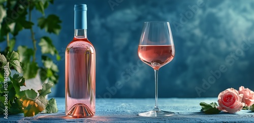 Elegant Display of Rose Wine and Glass With Green Leaves on a Blue Background...