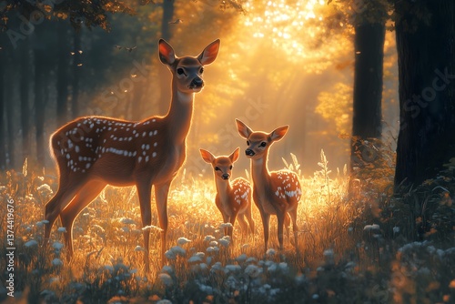 Deer family in a sunlit forest clearing during golden hour, surrounded by lush greenery and wildflowers