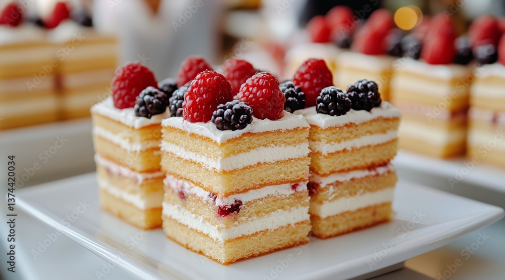 Delicious Berry Cake Slices Displayed on White Plates at a Dessert Gathering in a Cozy Venue Delicious Berry Cake Slices Displayed on White Plates at a Dessert Gathering in a Cozy Venue