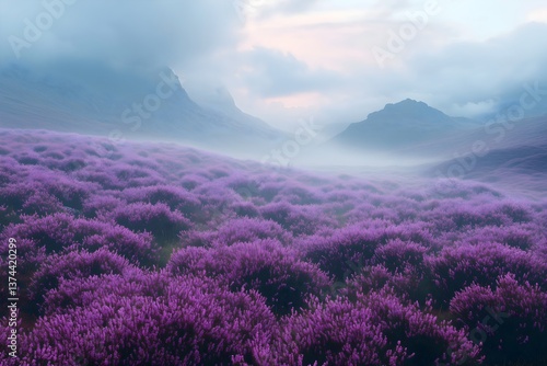 Vibrant moorland of blooming heather at dusk in the Scottish Highlands with misty mountains in the background
