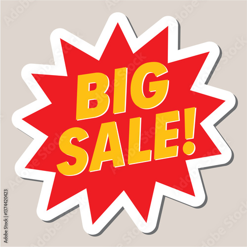 Glossy 3D sticker with "BIG SALE" text. Bold typography, bright colors, shiny highlights, and dynamic motion lines. Includes price tags, stars, and arrows. Eye-catching promotional design.