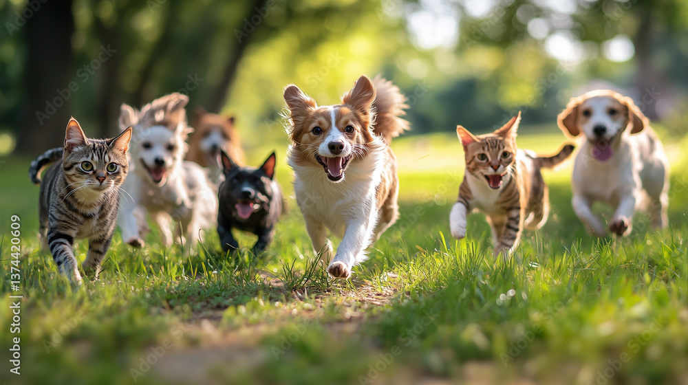 A group of dogs and puppies playing together on the grass, including a Border Collie, Chihuahua, and other breeds, in a cute and playful scene A group of dogs and puppies playing together on the grass, including a Border Collie, Chihuahua, and other breeds, in a cute and playful scene