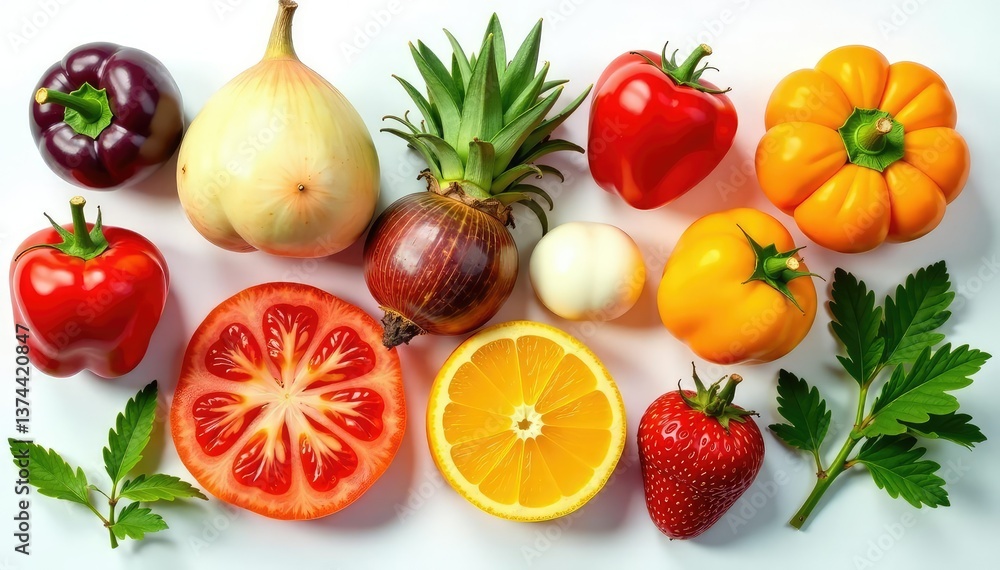 Naklejka premium Assorted dried vegetables, vibrant colors, clean white backdrop , vegetable, dried vegetable