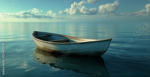 Lonely Boat Floating on Calm Water During Golden Hour With Gentle Reflections