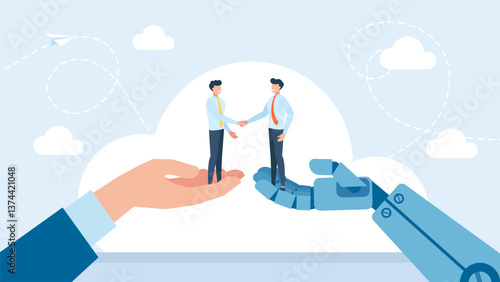 Men shaking hands. Reaching a deal. AI helps in business. Business technology and the future, technology cooperation and win win. Vector illustration