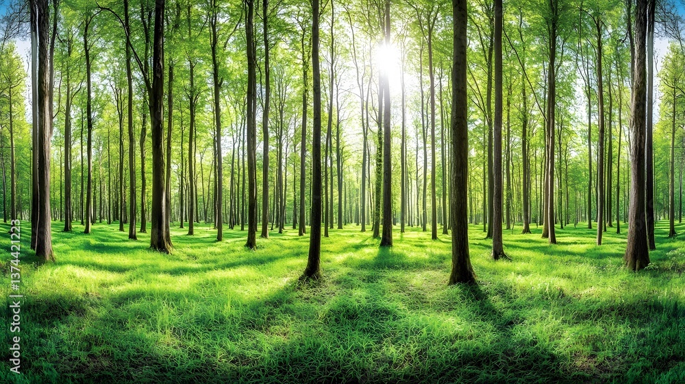 Naklejka premium Sunlight filtering down through trees in forest. Serene background, idyllic scene, use for nature promotion