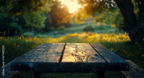 Wooden Picnic Table in a Serene Park During Sunset With Colorful Flowers and ...
