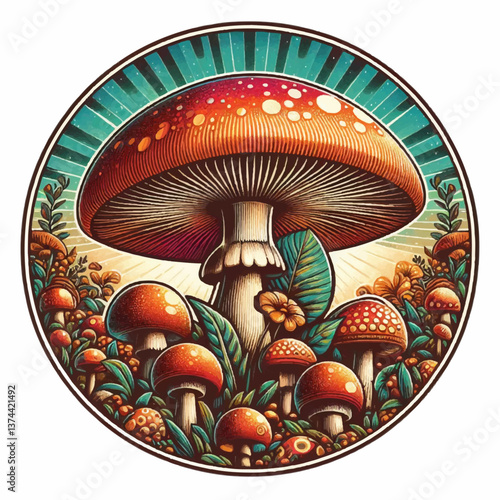 mushrooms on a grass  ,vector vintage art illustration