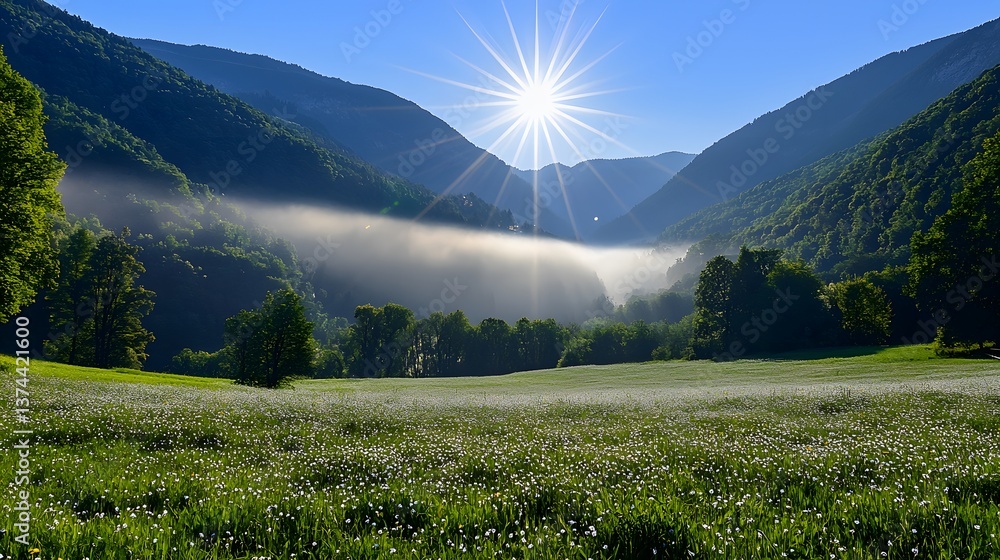 Fototapeta premium Sunrise over valley, fog rolling over the mountains, meadow in foreground. Use travel, tourism