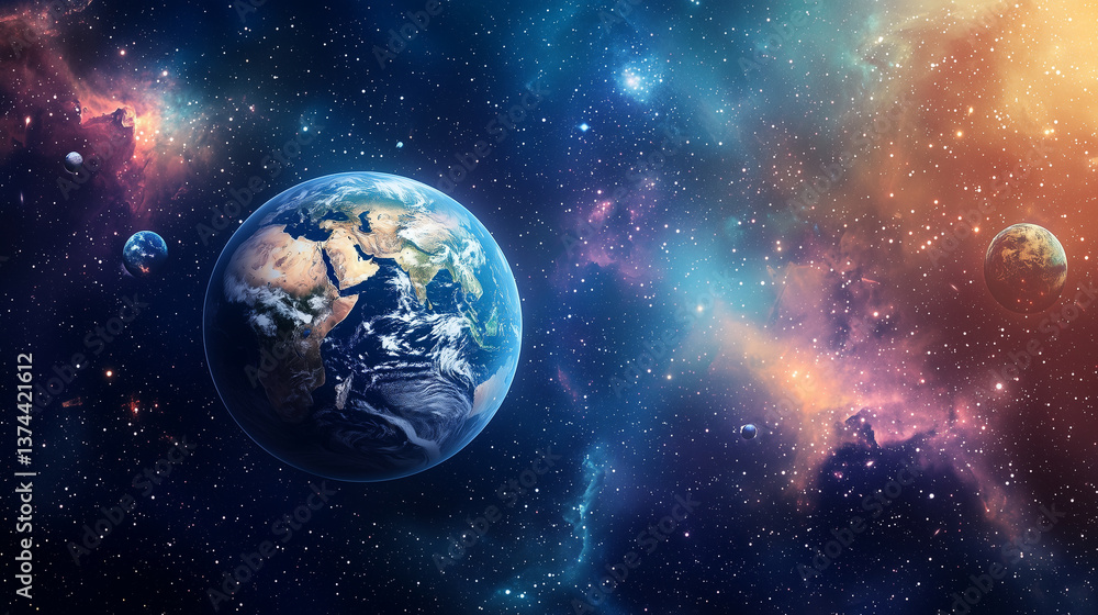 Earth in space with the Sun and Moon visible, surrounded by stars and the vast universe, showcasing the beauty of our planet in the cosmos Earth in space with the Sun and Moon visible, surrounded by stars and the vast universe, showcasing the beauty of our planet in the cosmos