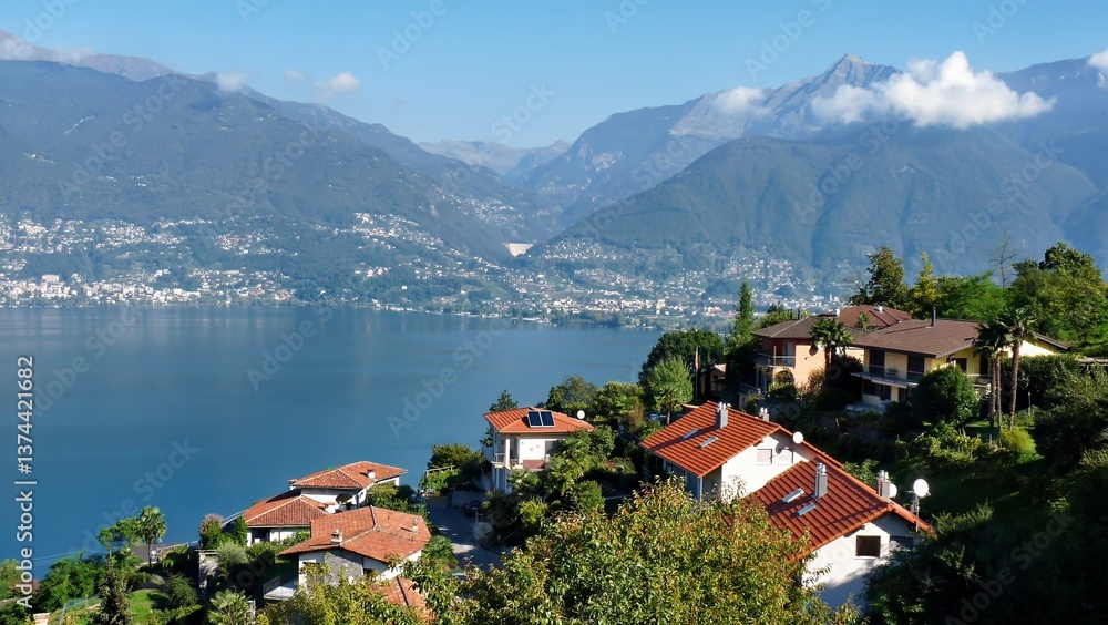 Aerial view of an old mountain village Rasa Ti near Lake Lugano. Swiss Alps in the background. Aerial view of an old mountain village Rasa Ti near Lake Lugano. Swiss Alps in the background.