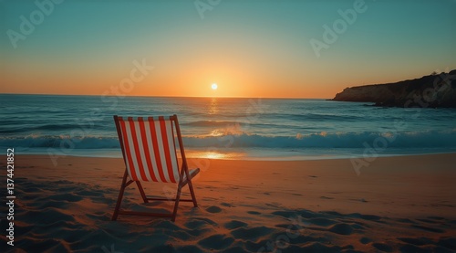 Relaxing Beach Chair Overlooking Sunset on Calm Ocean Waves